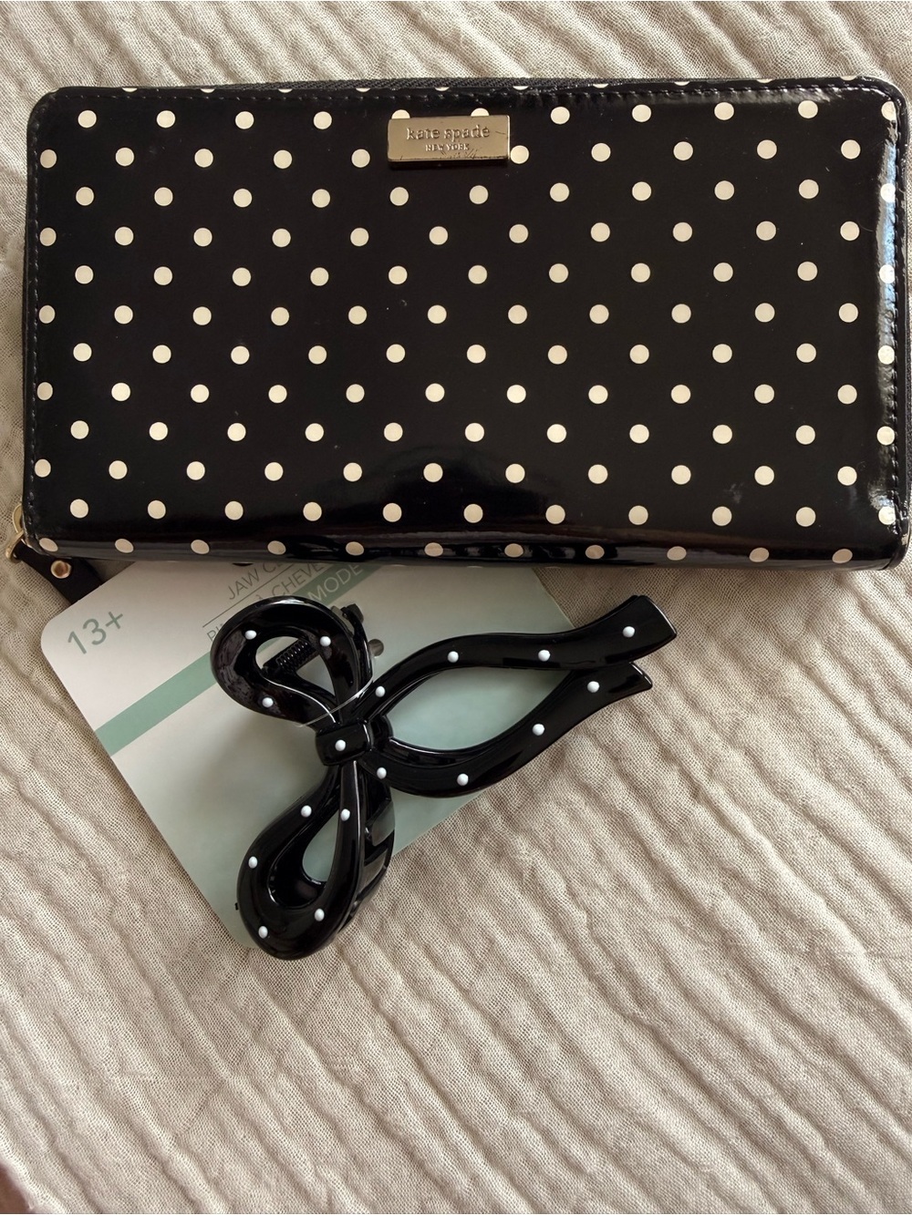 kate spade Black and White Polka Dot Patent Zip Wallet